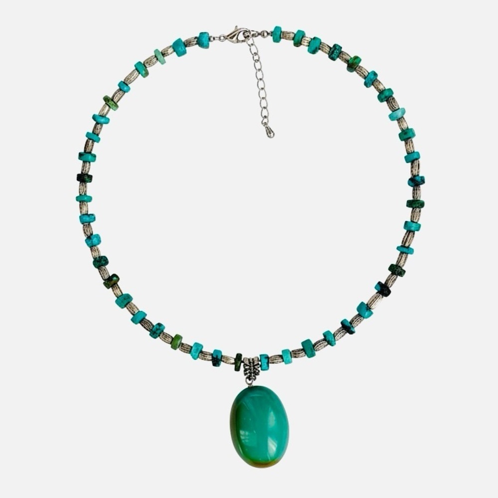 Turquoise Silver Stone Pendant Bead Choker Necklace